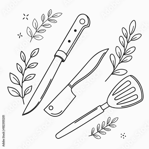 A minimalist black and white line drawing illustration featuring a chef s knife a utility knife and a spatula surrounded by delicate botanical sprigs and small decorative dots