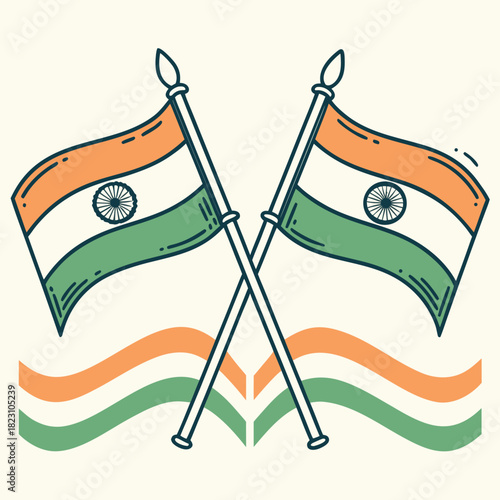 Two crossed indian flags waving with a stylized tricolor wave pattern below on a cream background representing national pride and patriotism