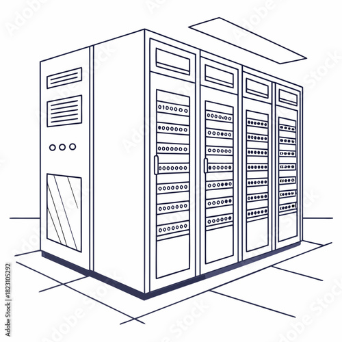 A minimalist line drawing illustration of a server rack room filled with multiple computer servers and data storage units on a tiled floor with a ceiling light above