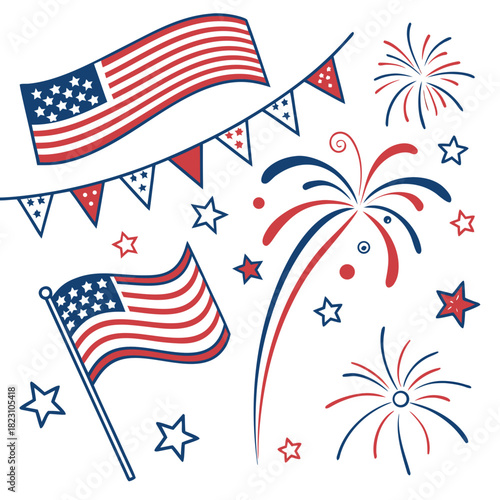 Festive collection of american flag elements bunting stars and fireworks in red white and blue for patriotic celebrations and holidays