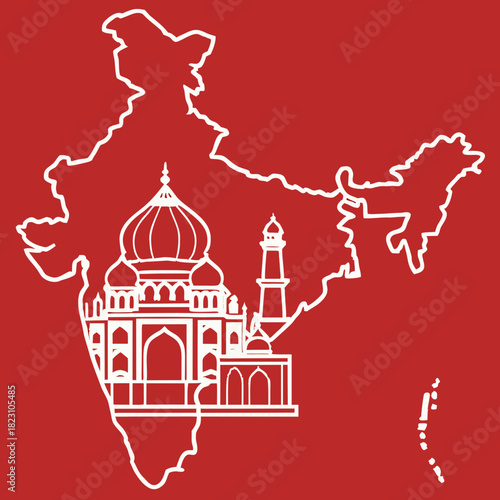 Iconic white outline of the taj mahal monument superimposed on a stylized map of india set against a vibrant red background representing national pride and heritage