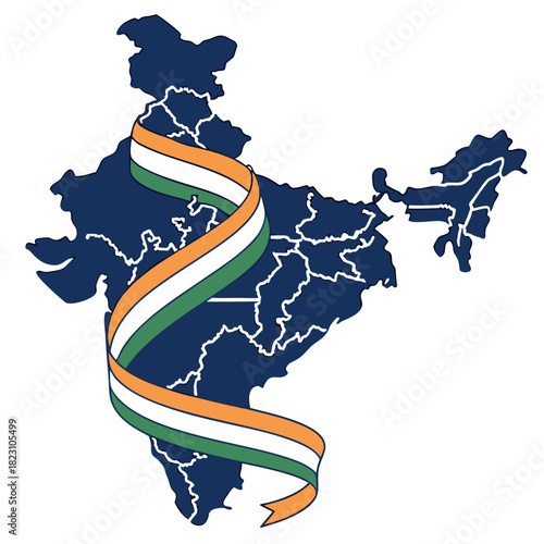 Stylized illustration of the map of india in a deep blue color with a tricolor ribbon of saffron white and green elegantly draped across its geographical outline representing national pride and unity