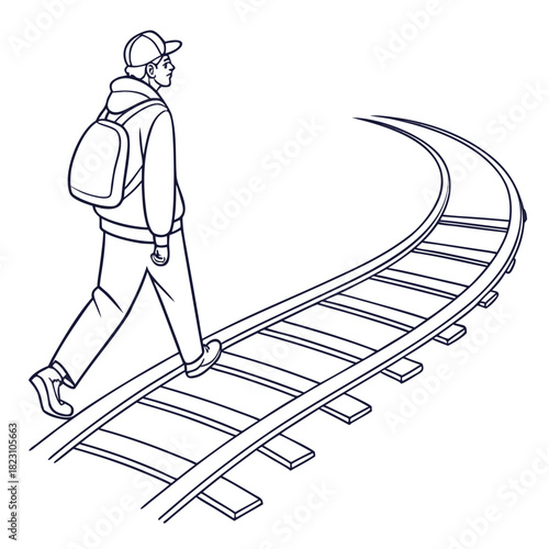 Young man wearing a baseball cap and backpack walks along a curved railway track with a sense of purpose and determination