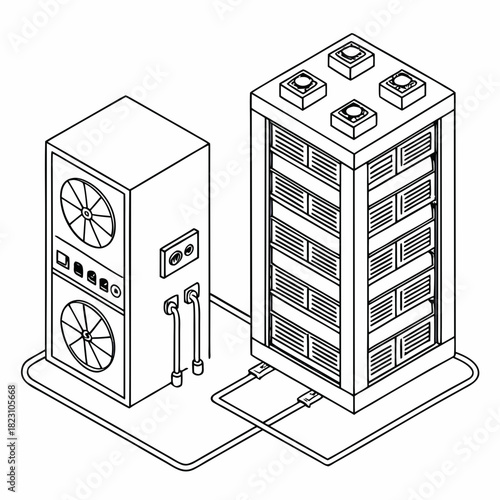 Isometric line art illustration of a server rack and cooling unit connected by cables representing data center infrastructure and technology