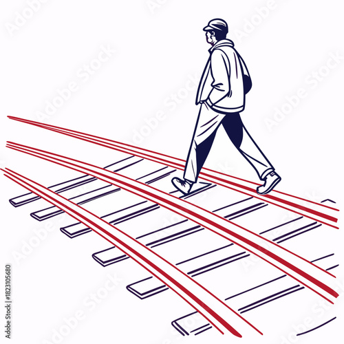 A lone figure walks confidently across multiple parallel railway tracks symbolizing journey progress and overcoming obstacles in a stylized line art illustration