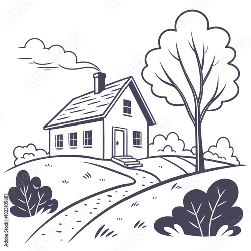 Charming hand drawn illustration of a cozy house with smoke coming from the chimney nestled on a hill with a winding path and a large tree