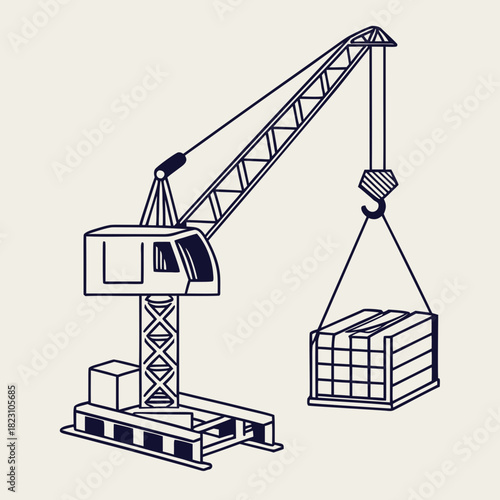 A simple line art illustration of a construction crane lifting a pallet of goods with a hook and cable against a plain background