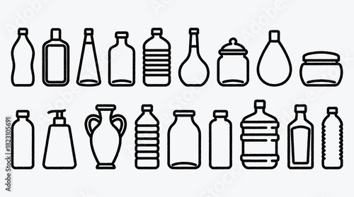 Vector collection of various bottles and jars in a line art style