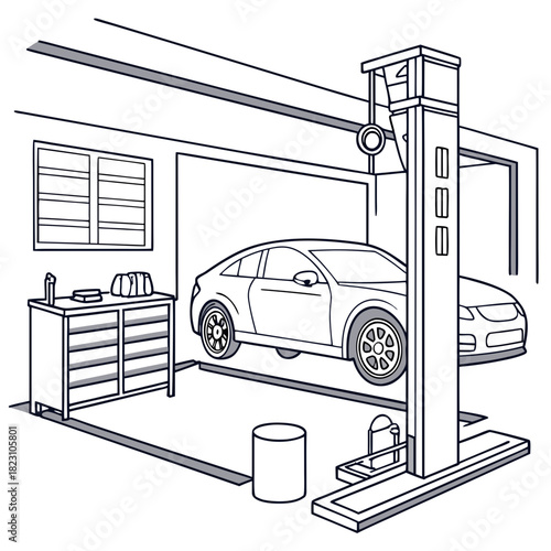 A car is lifted on a hydraulic car lift in a clean workshop bay with a tool cabinet and window ready for repair or maintenance