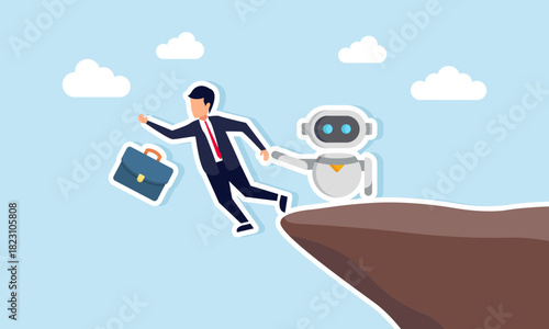 AI robot pushing a businessman toward a cliff edge symbolizing the replacement of human roles and tasks by artificial intelligence