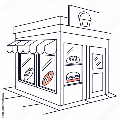 A charming minimalist line drawing illustration of a small bakery shop with a display window showcasing fresh bread and pastries inviting customers inside