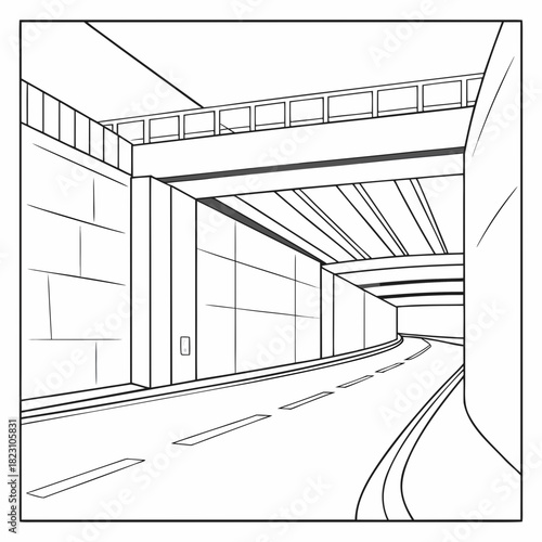 A stark black and white line drawing depicts a perspective view of a modern highway underpass with a curved road leading into the distance under a concrete overpass structure