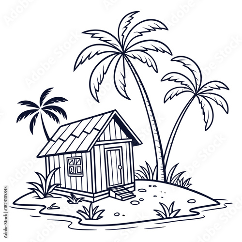 A charming cartoon illustration depicts a small wooden beach hut nestled on a tropical island surrounded by lush palm trees and clear blue water