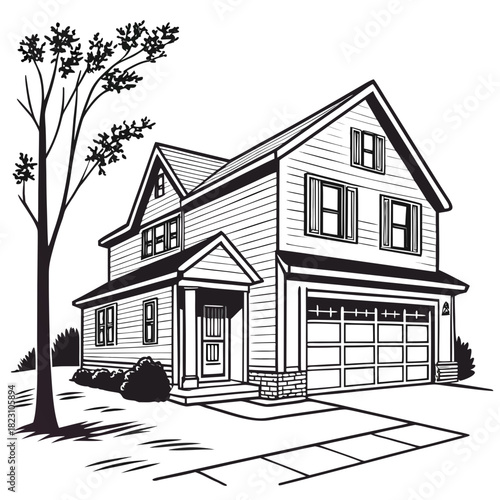 A detailed black and white line drawing illustration of a two story suburban house with a garage front porch windows and a tree in the yard