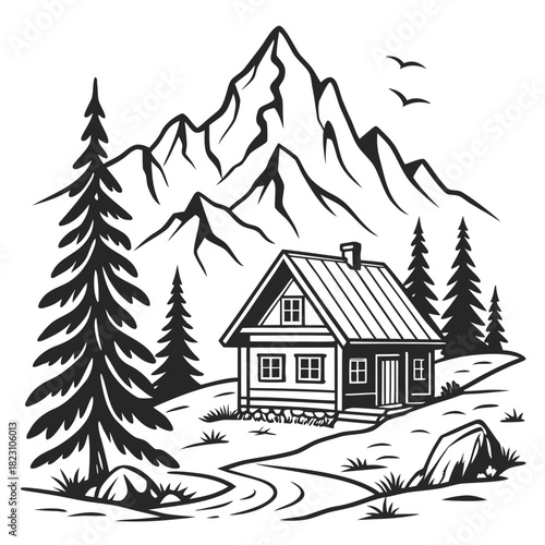 A charming black and white illustration of a rustic wooden cabin nestled in a serene mountain landscape with pine trees and a winding path leading to the dwelling