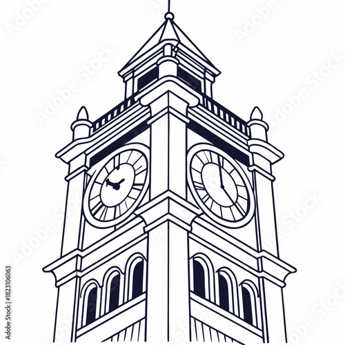 A detailed line art illustration of a classic clock tower with multiple faces and arched windows showcasing architectural elegance and the passage of time