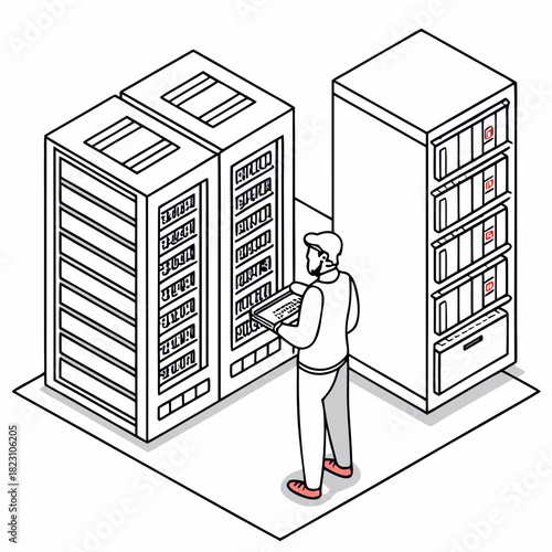 Isometric illustration of a man with a beard and cap working on a laptop in a server room with racks of computer equipment and data storage units