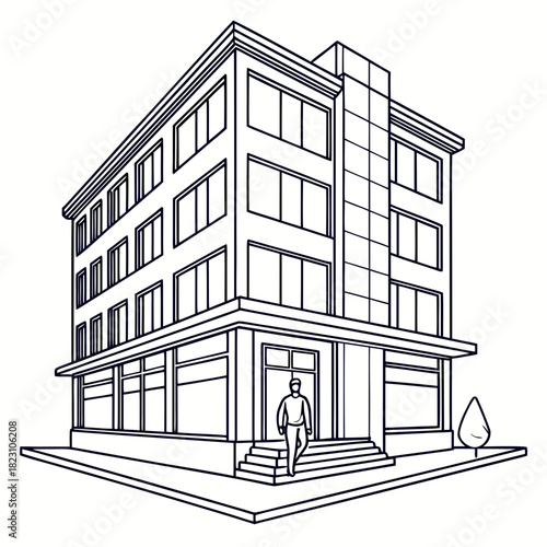 A stylized line art illustration of a multi story commercial building with large windows and a person walking down the steps outside representing urban architecture and daily life