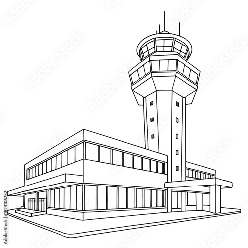 A detailed line drawing illustration of a modern airport control tower and terminal building viewed from a low angle against a white background