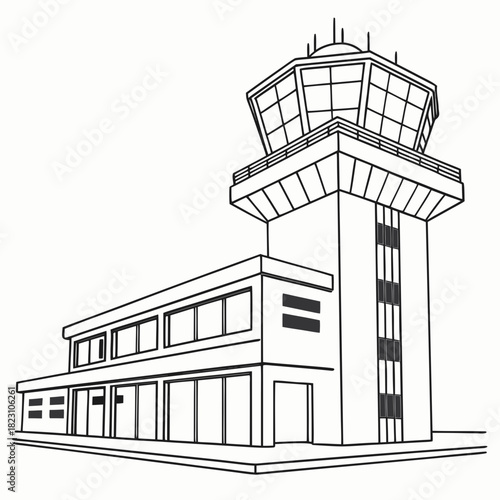 Modern airport control tower building with large windows and antennas on top depicted in a clean line art style against a white background