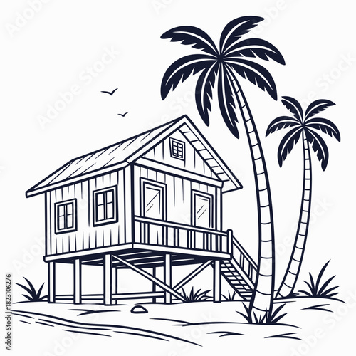 A charming black and white line art illustration of a tropical stilt house nestled between two swaying palm trees on a sandy beach with gentle waves and birds flying overhead