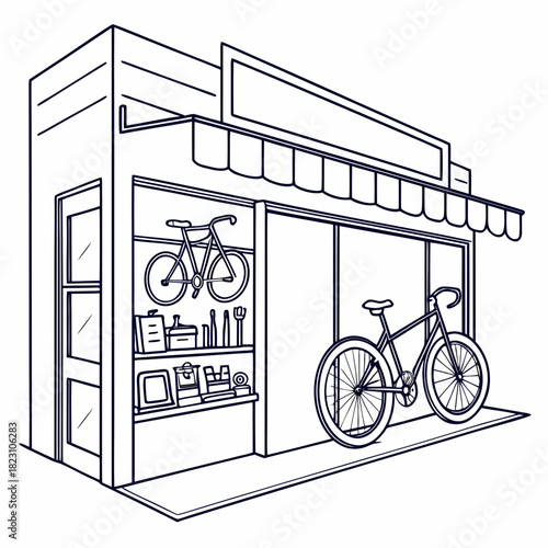 A charming line art illustration of a bicycle shop facade featuring a hanging bicycle in the window and another displayed outside with various cycling accessories on shelves