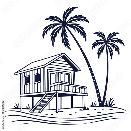 A charming minimalist line art illustration of a stilted beach bungalow nestled between two leaning palm trees on a sandy shore with gentle waves lapping