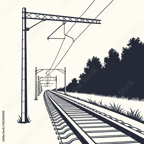 A stark black and white illustration of a railway track curving into the distance with overhead power lines and a dense forest silhouette on the right side of the image
