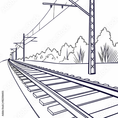 A stylized line drawing of a train track receding into the distance with overhead power lines and surrounding vegetation under a white sky