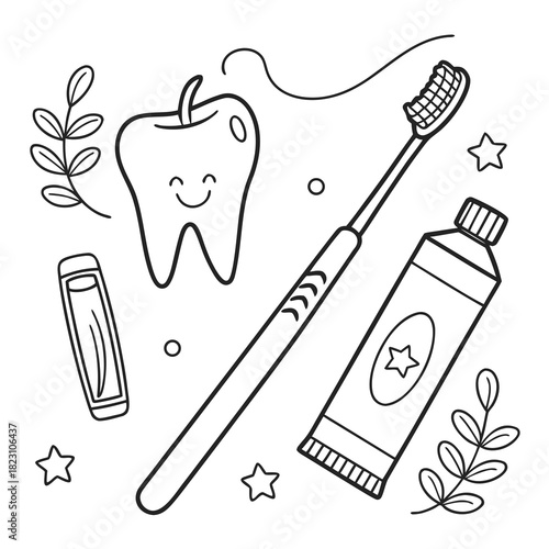 A happy cartoon tooth with a toothbrush toothpaste dental floss and decorative leaves and stars for dental hygiene and oral care concepts