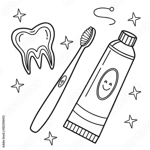 A charming hand drawn illustration featuring a tooth toothbrush toothpaste with a smiling face and dental floss surrounded by sparkling stars perfect for dental hygiene and oral care themes
