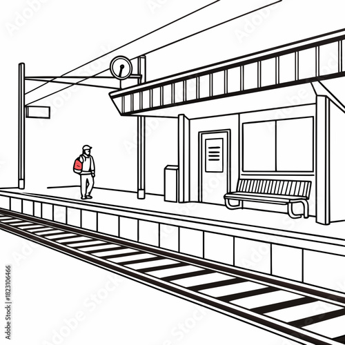 A solitary figure with a red backpack stands on a train station platform next to the tracks waiting for transportation