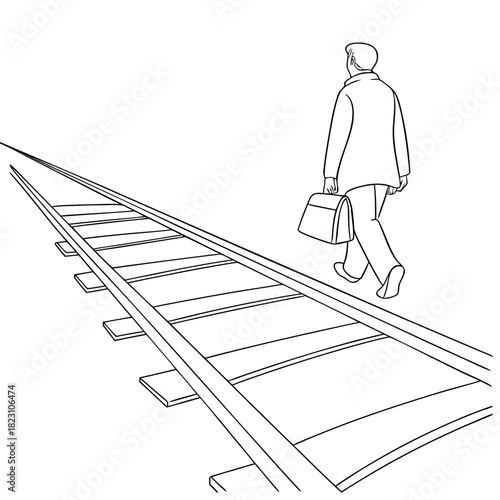 A solitary businessman walks away from the viewer along a railway track carrying a briefcase symbolizing a journey or departure