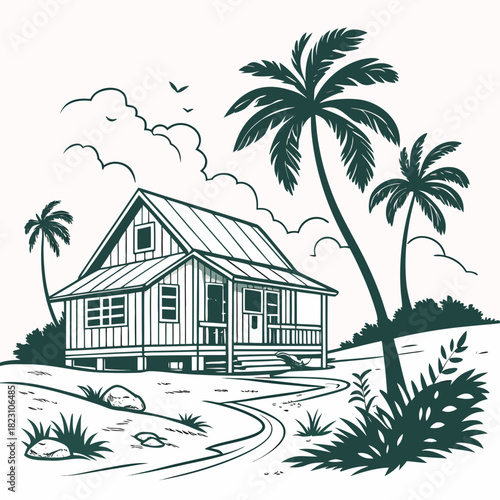 A charming rustic wooden bungalow with a porch nestled among palm trees and tropical foliage evokes a serene island getaway with a winding path leading to the dwelling