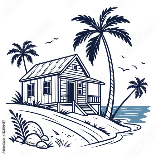 Charming wooden beach bungalow nestled on a sandy shore with lush palm trees and gentle ocean waves under a clear sky with soaring birds