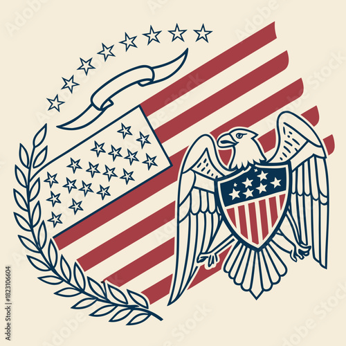 Illustrative american eagle emblem with stars stripes and laurel wreath symbolizing patriotism freedom and national pride in a retro style
