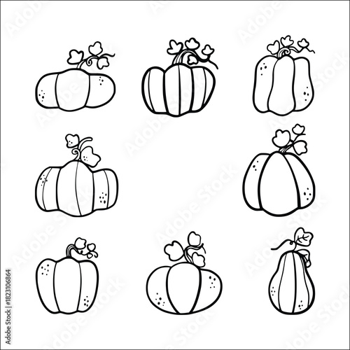Cute pumpkin vector set featuring simple outlined gourds with leaves, vines, and playful shapes