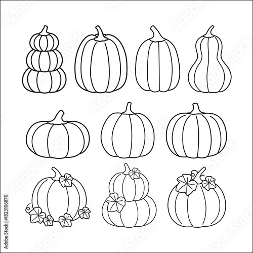 Pumpkin vector set featuring simple outlined gourds, stacked shapes, and festive varieties with leaves.