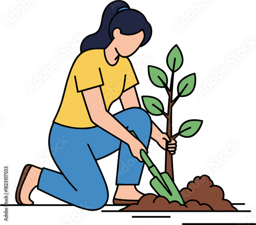 Person planting a young tree with a shovel in the garden on a black background, environmentally friendly action promoting sustainability and nature conservation