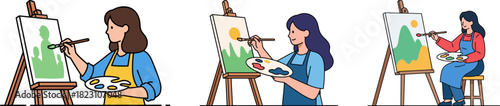 Women painting landscapes on easels with vibrant colors in a creative studio environment, showcasing artistic expression and talent on a transparent background