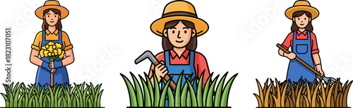 Three female farmers engaged in agricultural activities, one holding flowers, one using a hoe, and one with a rake in different fields, on a transparent background