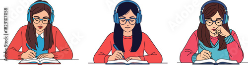 Three women studying attentively while listening to music in headphones, illustrating different focused expressions in isolated on a transparent background digital illustration.