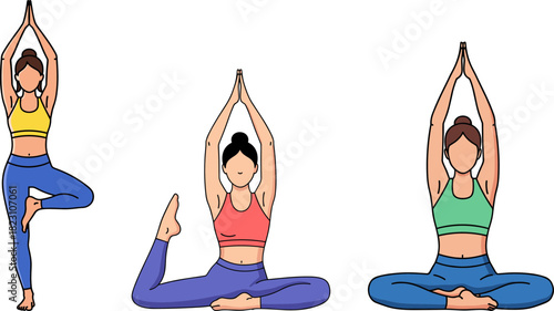Three women practicing yoga in different poses on a transparent background, showcasing flexibility and harmony with serene expressions and vibrant colored activewear