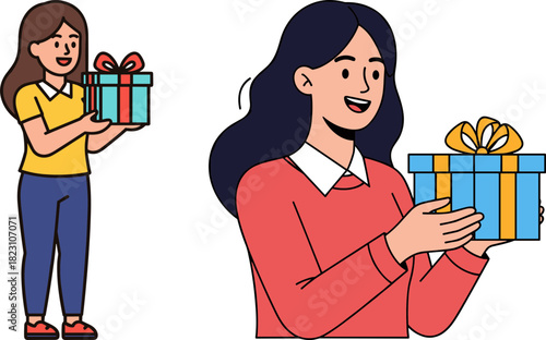 Two happy women holding colorful gift boxes with ribbons, smiling and celebrating, on a transparent background, conveying feelings of joy and excitement