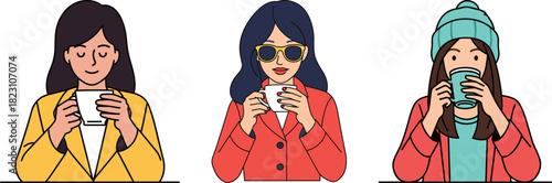 Three women enjoying drinks, one in a yellow jacket, another in a red outfit with sunglasses, and a third in a blue beanie, all on a transparent background