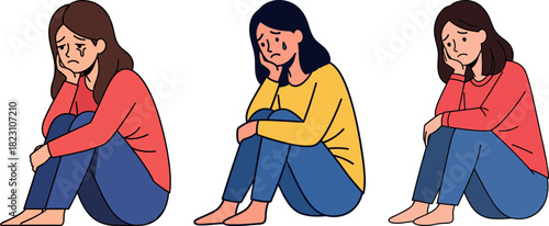 Three sad women sitting on the floor in different poses, expressing feelings of loneliness and sadness, isolated on a transparent background.