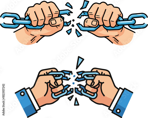 Two Hands Breaking Chains Symbolizing Freedom and Strength, Isolated on Transparent Background with Dynamic Motion Effects and Bright Colors