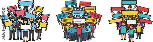 Diverse group of people protesting with colorful signs and banners during a peaceful demonstration in a public space on a clear day with no people in the background.