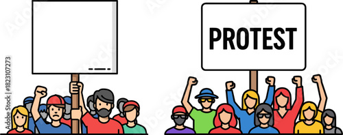 Diverse group of people protesting for change with raised fists and banners on a black background, showing solidarity and social activism