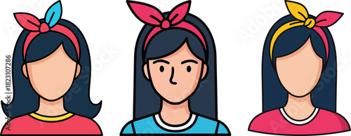 Three women with colorful headbands and long hair expressing different emotions in a flat design style on a plain background